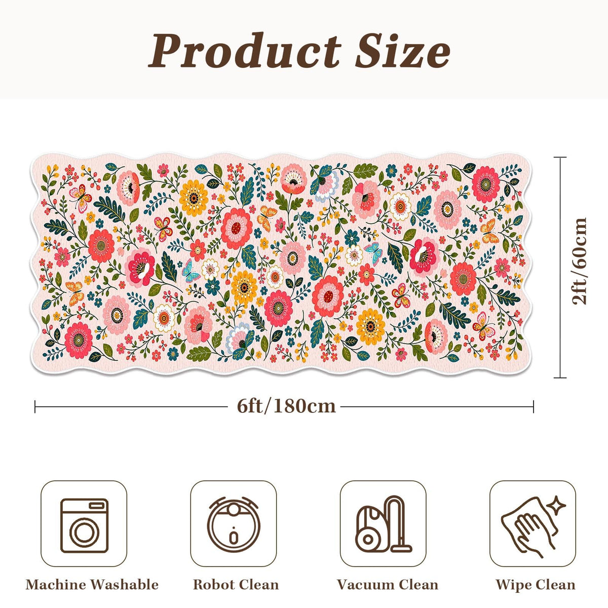 Scalloped Hallway Runner Rug (Floral Butterfly / 2' x 6' (Scalloped))