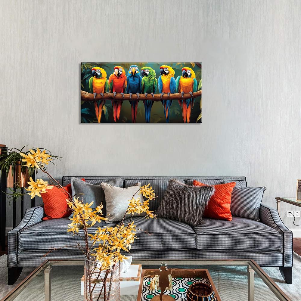 Vibrant Multicolor Parrots Wall Art for Living Room Office Realistic Tropical Jungle Wildlife Nature Painting Prints Contemporary Canvas Artwork Dining Bedroom Decor (Contemporary / Vibrant Multicolor Parrots Wall Art / 40"L x 20"W)