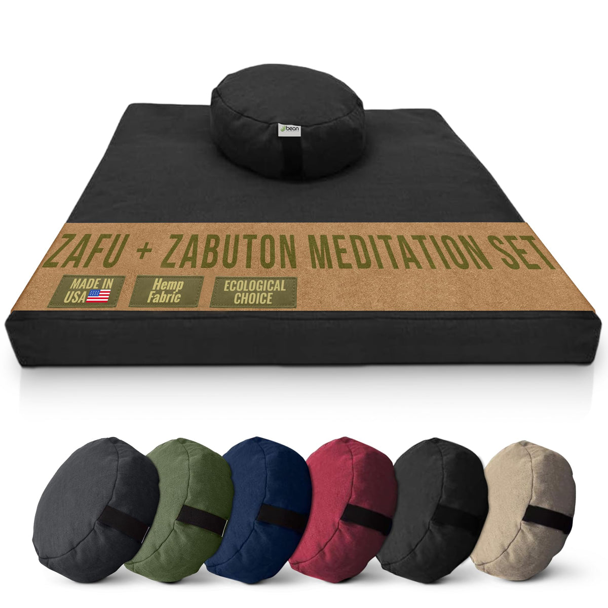 Round Zafu & Zabuton Yoga Meditation Cushion Set (Black - Hemp / Round Combo)