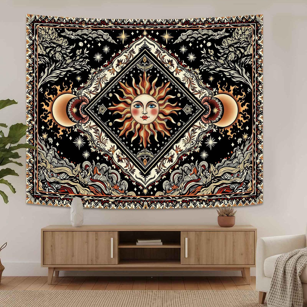 Celestial Sun & Moon Tapestry (Yellow Ivory / 80"L x 60"W)