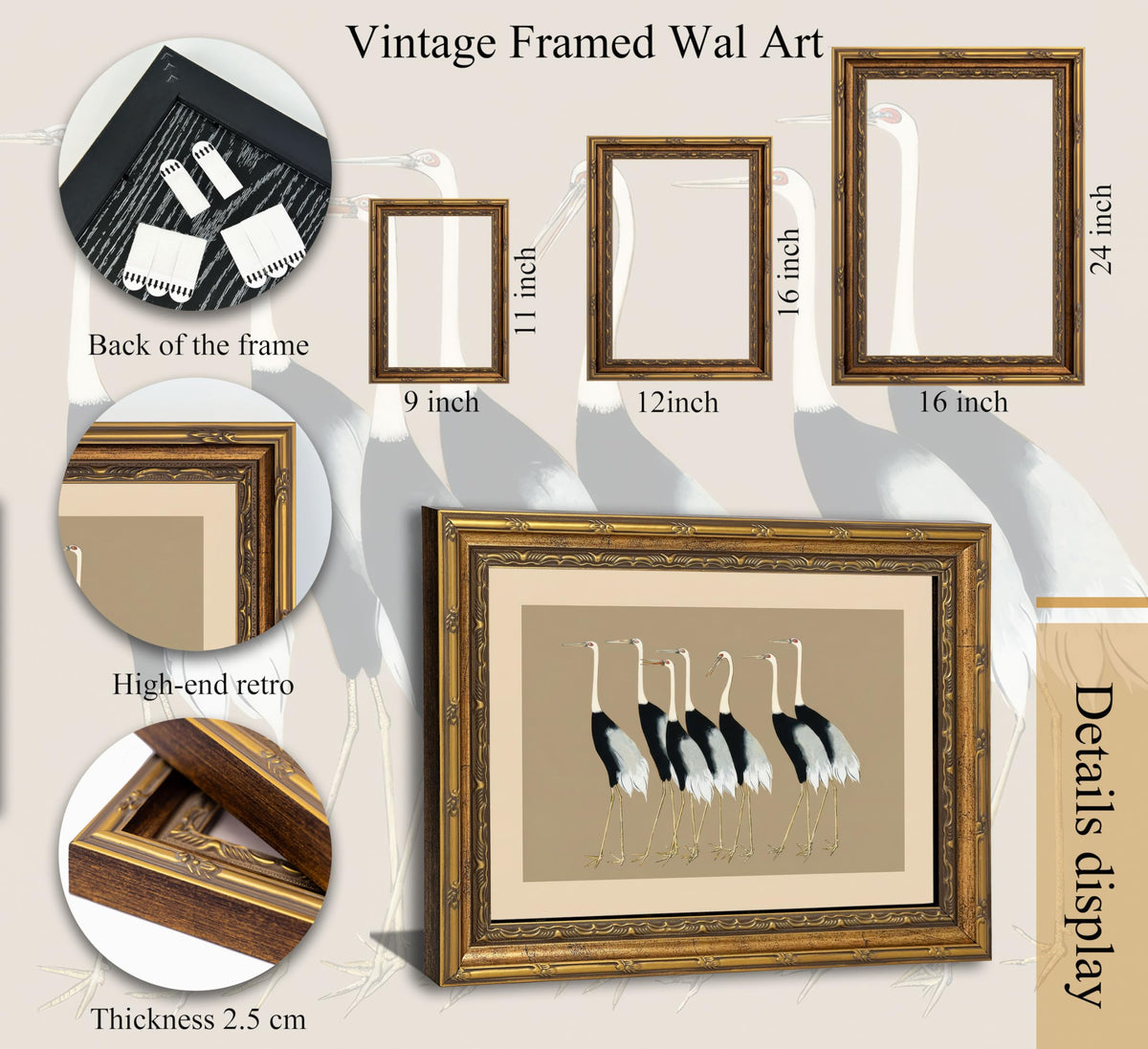 Vintage Gold Framed Wall Art Japanese Crane Posters Prints Seven Cranes Canvas Wall Decor Retro Bird Painting Pictures for Living Room Bedroom Office Zen 9x11 Inches (Japanese Crane Framed / 9"L x 11"W)