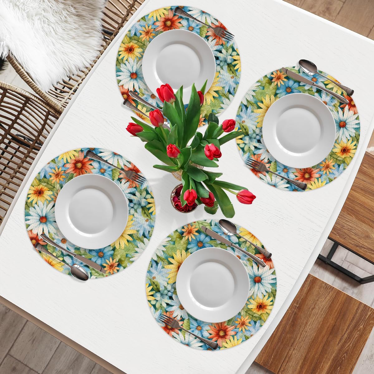 Peace Flowers Woven Placemats Round Placemats Set of 4 Festival Party (A 015 / 4 pieces)