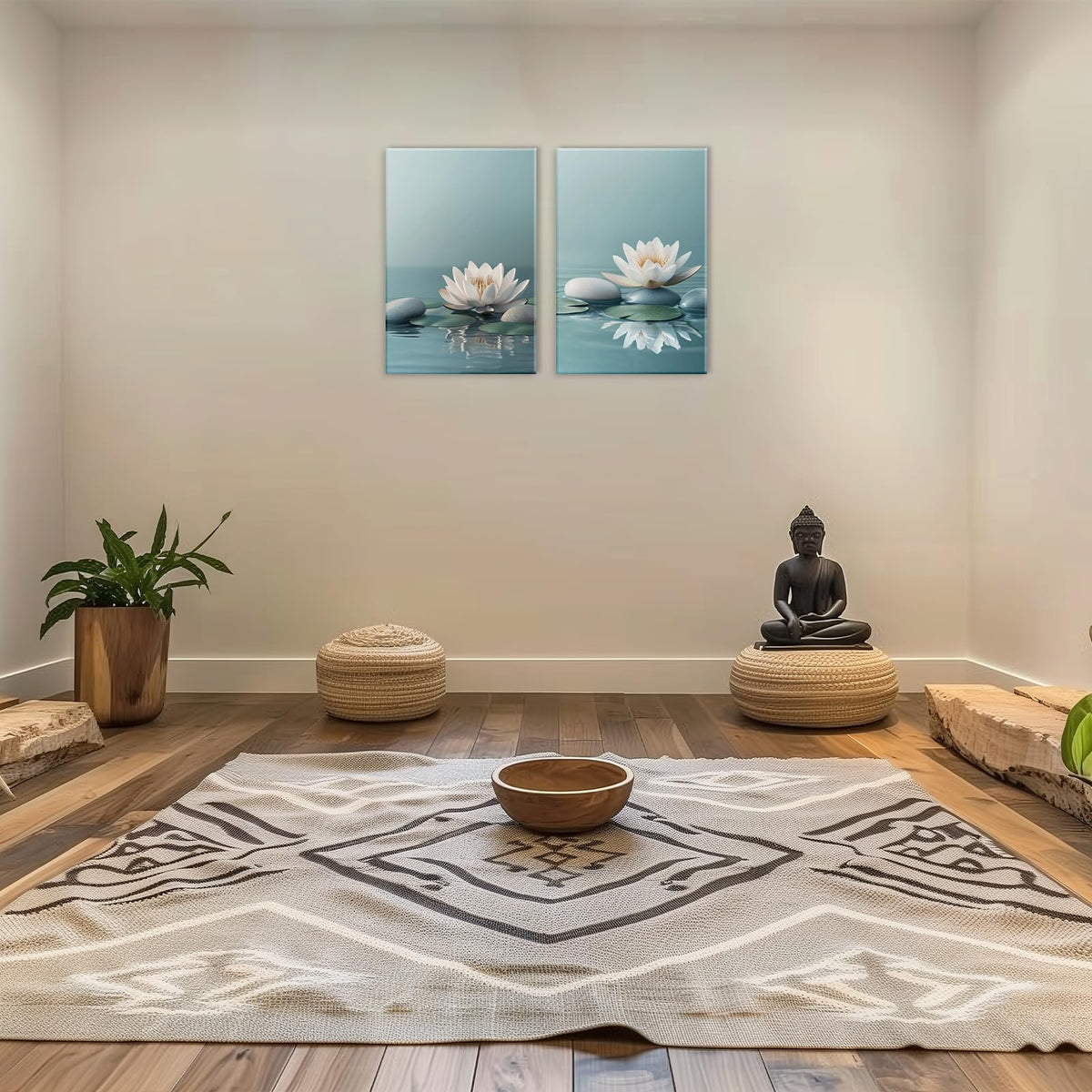 Zen Wall Art 2 Panel White Lotus Pebble In Water Picture Canvas Print Blooming Floral Poster Calming Painting Framed Artwork for Yoga Spa Room Decor (Artwork-1 / 24"x36"x2pcs)