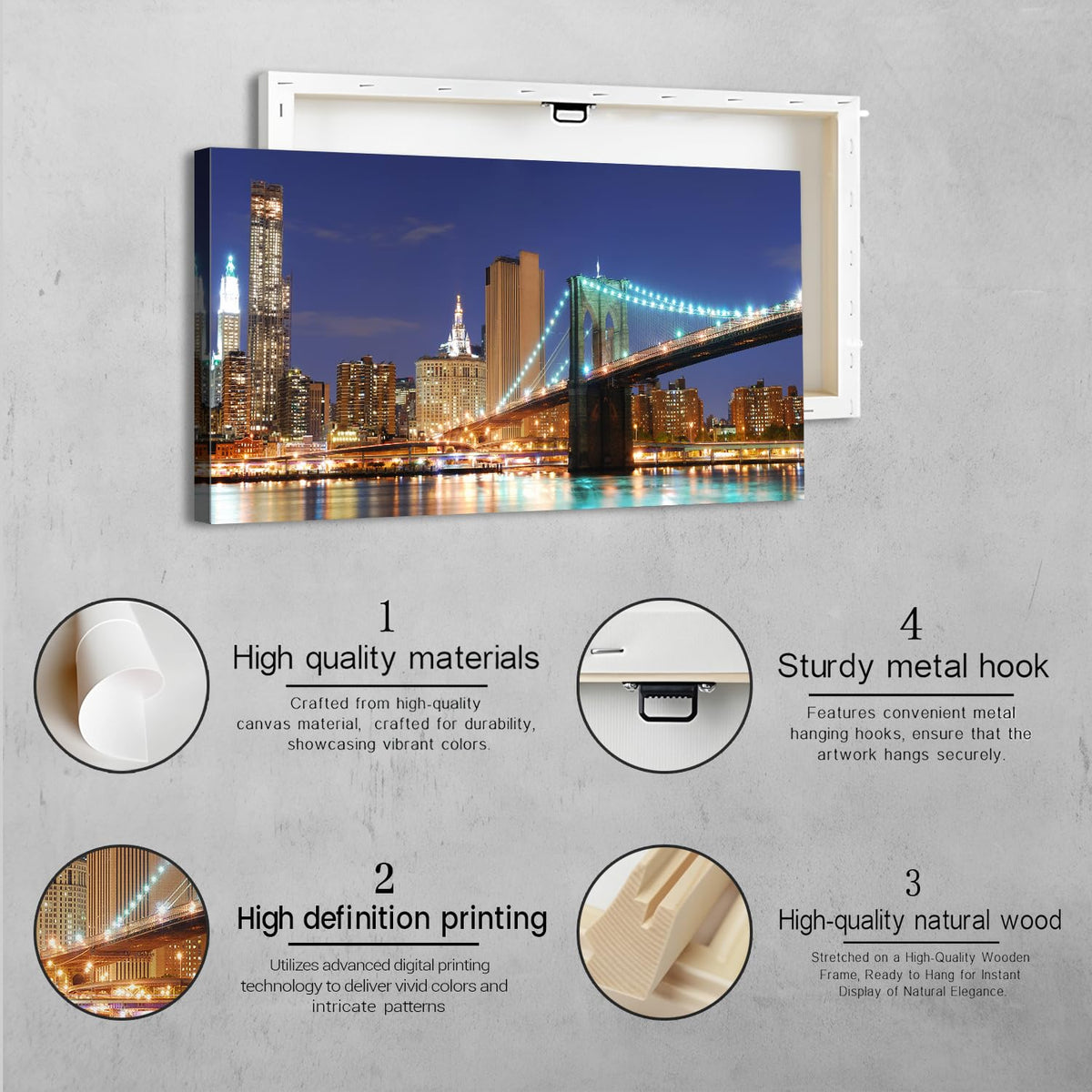 Brooklyn Bridge Wall Art New York NIght Picture for Living Room Decor 20x40 (40"L x 20"W / Brooklyn Bridge)
