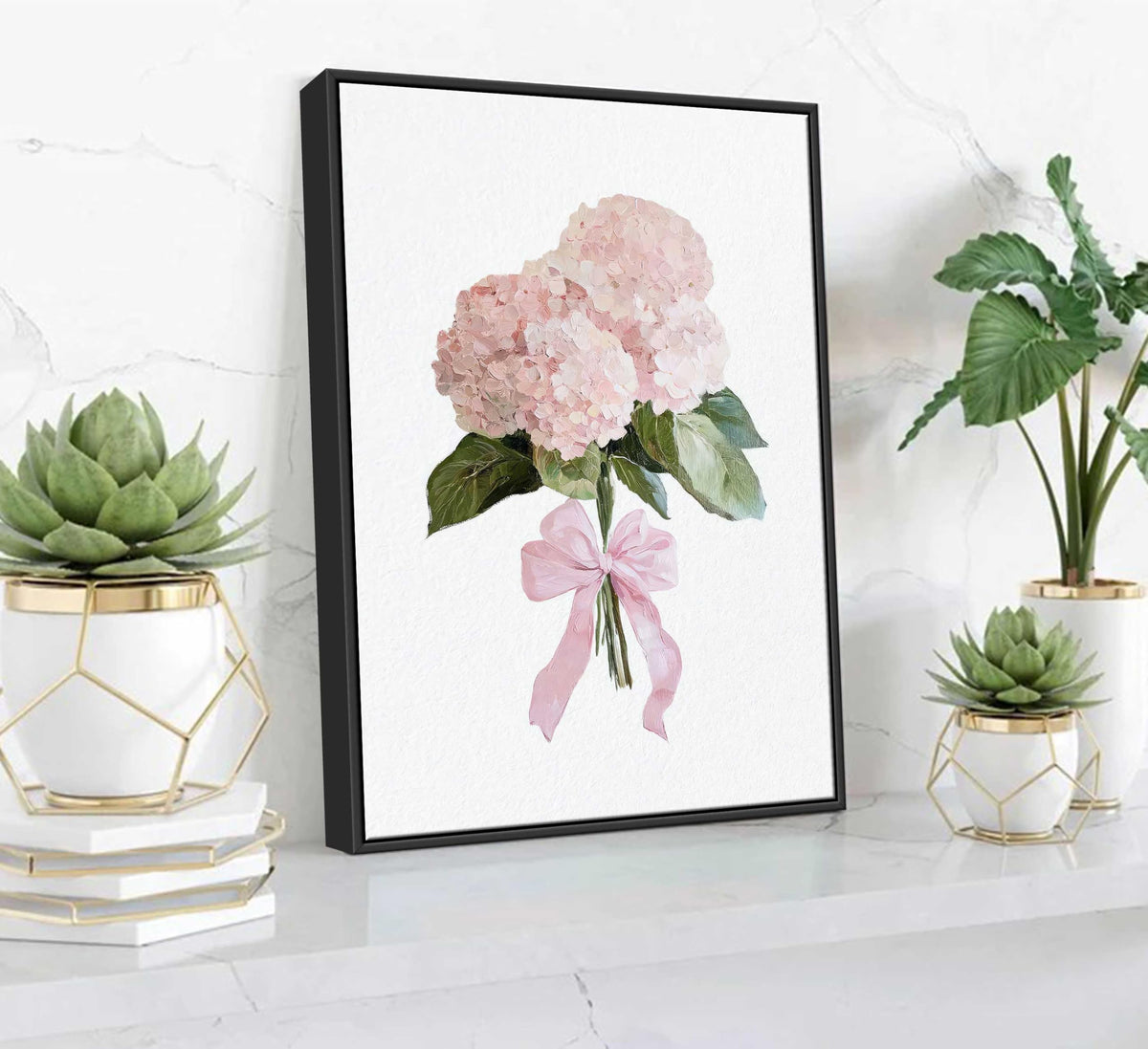 Framed Pink Hydrangea Floral Canvas Wall Art Coquette Pink Bow Hydrangea Flower Painting Picture Wall Decor Preppy Aesthetic Poster Print Artwork for Girls Bedroom Dorm Apartment Home Decoration (Framed Hydrangea / 16"L x 12"W)