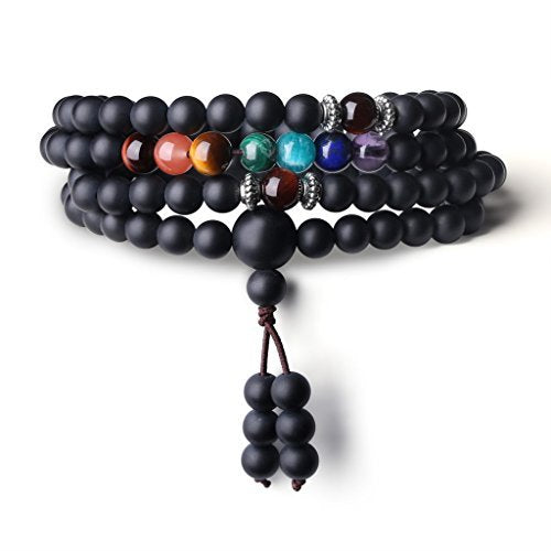 108 Japa Mala 7 Chakra Onyx Stone Wrap Bracelet Necklace (Matte Onyx)