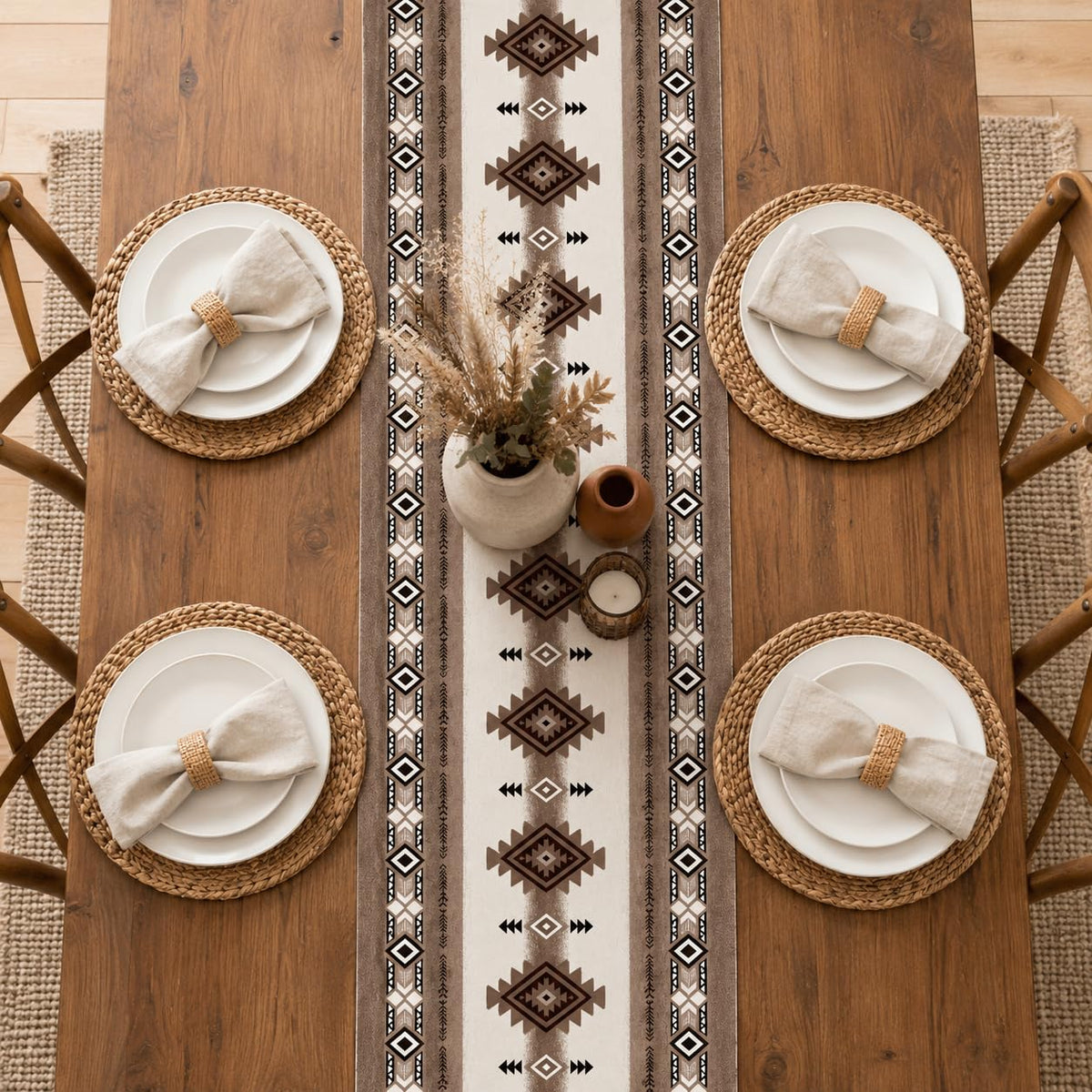 Aztec Geometric Table Runner (13x90inch / Southwestern Brown)