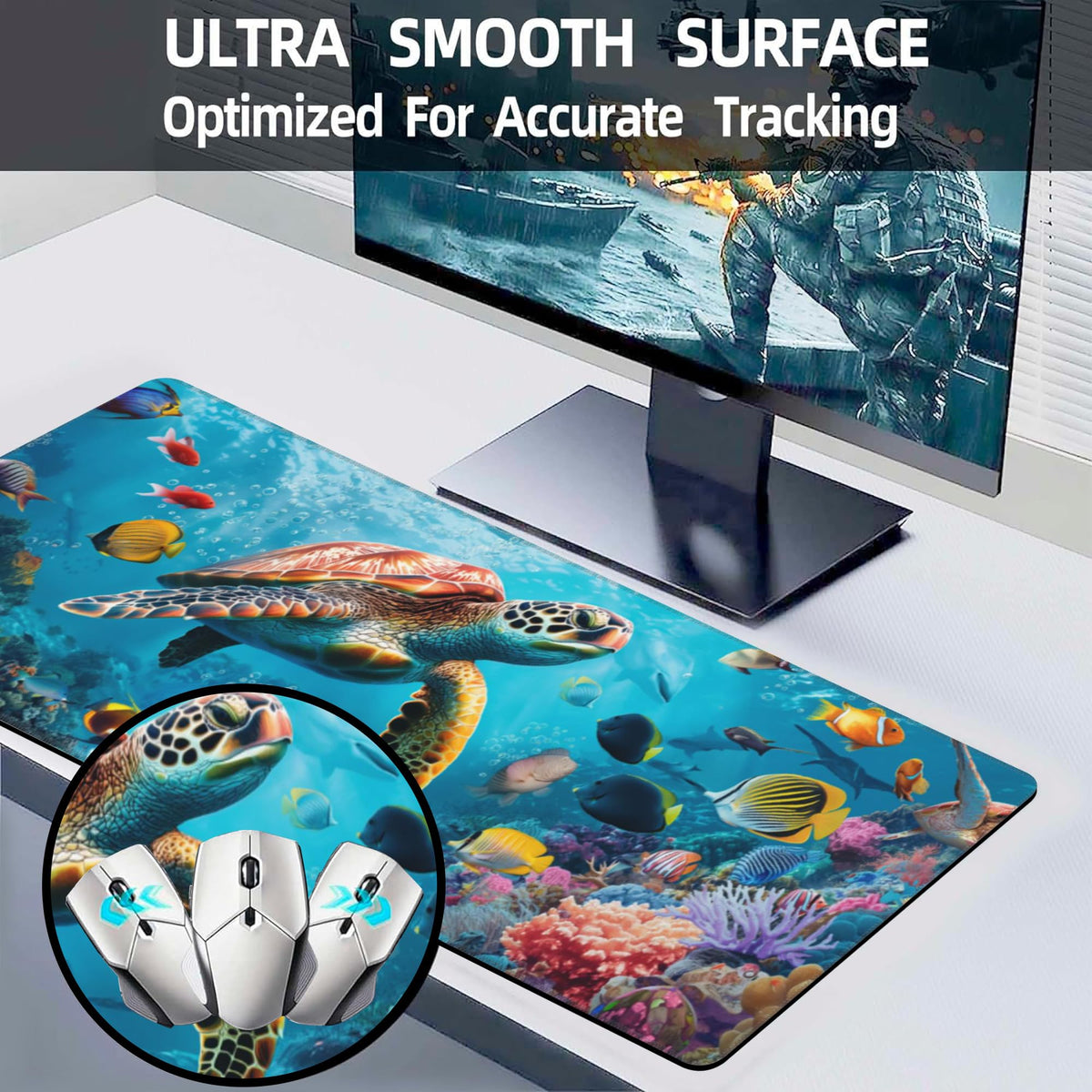 XL Mouse Pad Sea Turtle with Colorful Fish Large Gaming Mouse Pad (11.8" x 31.5" / Sea Turtle With Colorful Fish)
