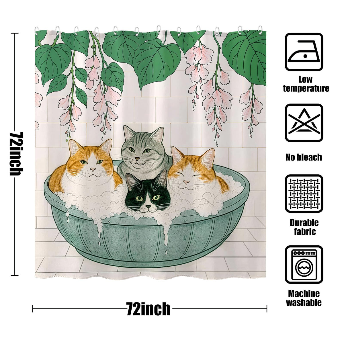Adorable Cats Shower Curtain Set Cozy Plant Pot Design Waterproof Bathroom Shower Curtain Cute Feline Group Print Charming Home Decor 72x72 Inch (72"W x 72"L (Pack of 1) / Alabaster White)