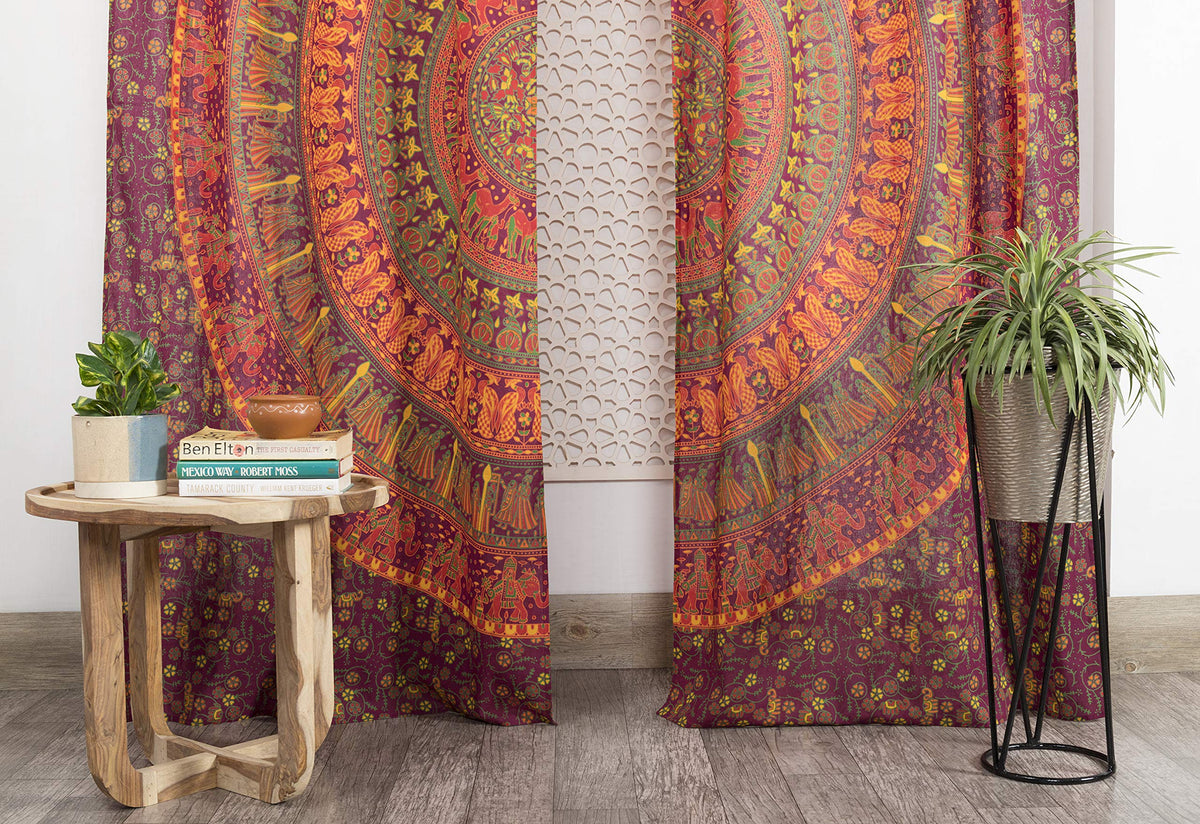 Indian Hippie Bohemian Beautiful Elephant Maroon Color Mandala Curtain Panels (38"W x 83"L (Pack of 2) / Maroon)