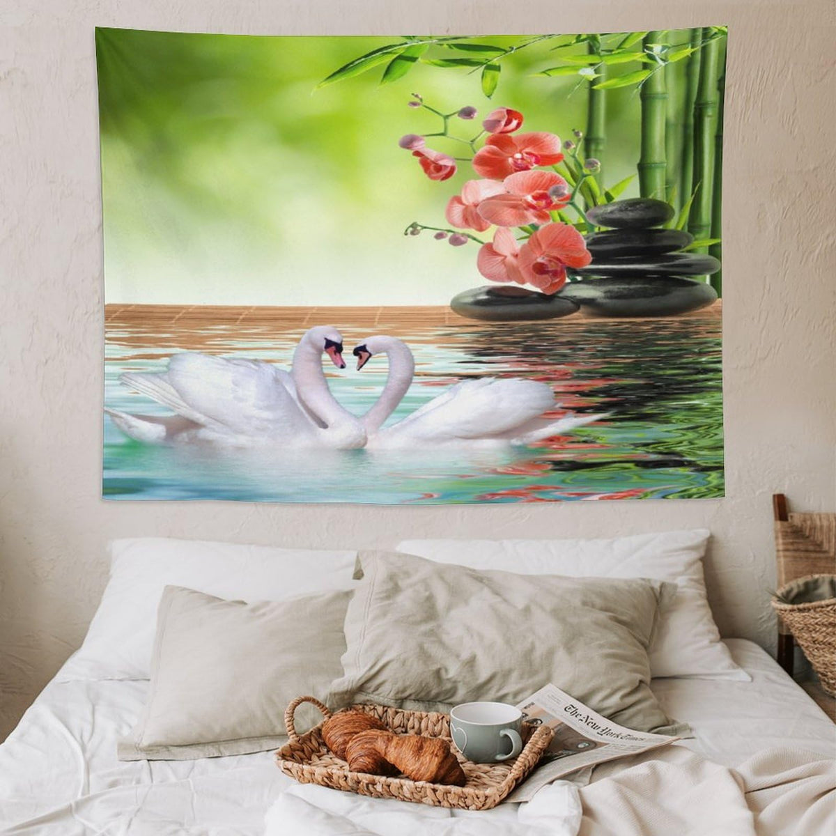 Spa Tapestry Wall Hanging Bamboo Orchid Red White Swan Spa Meditation Relaxing Art Tapestries Home Decor for Living Room Bedroom Farmhouse Kitchen Dorm 60"x80" (60"L x 80"W / Zen-6)