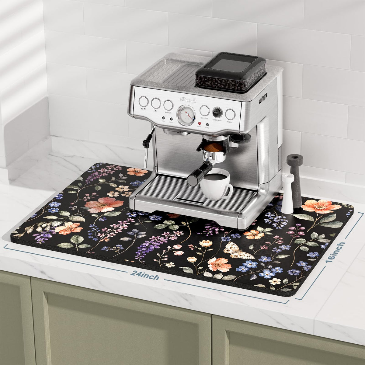 Coffee Mat 16" x 24" Coffee Bar Mats for Espresso Machine Station Accessories and Organizer (Watercolor Wildflower / 16" x 24")
