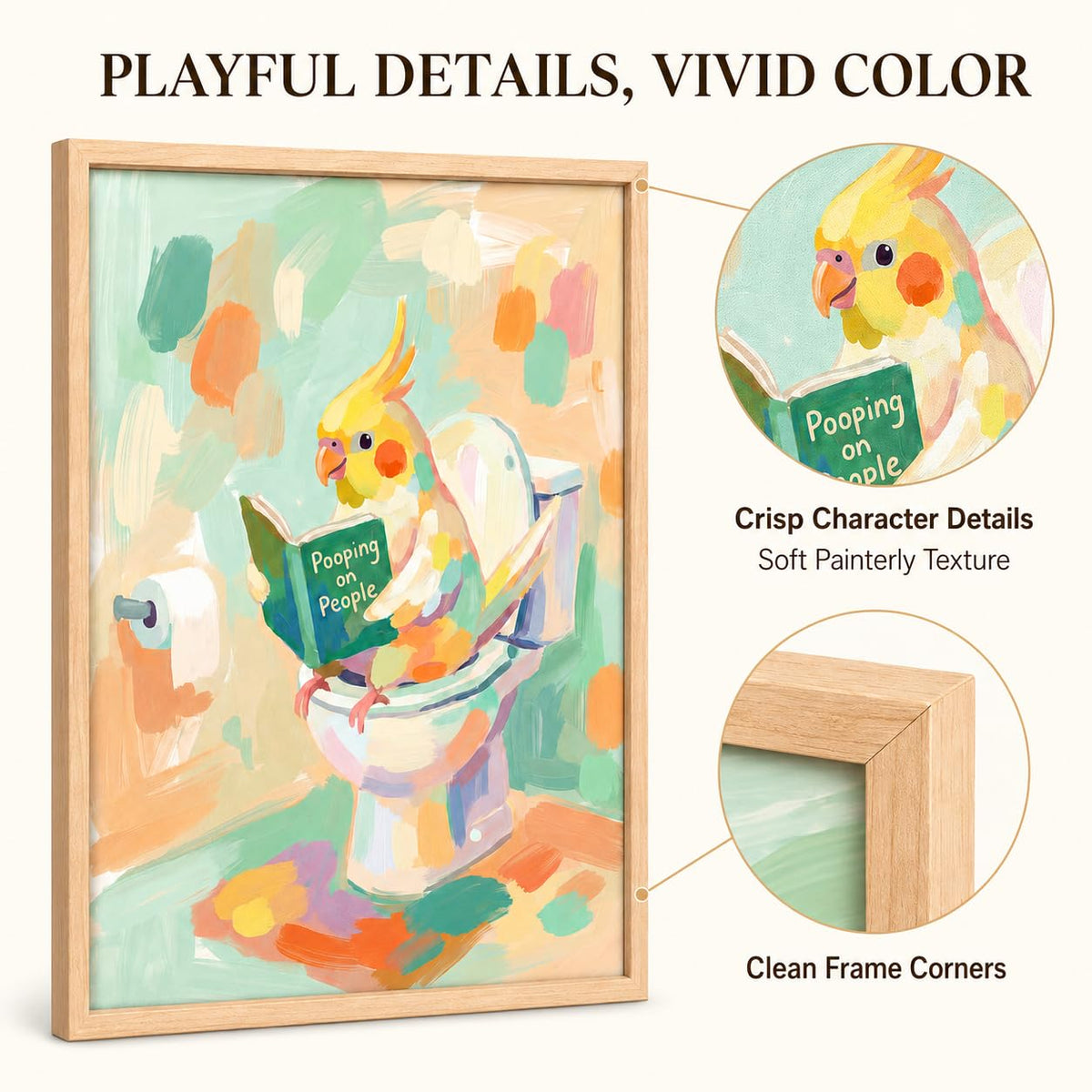 Framed Funny Parrot Bathroom Wall Art Cute Cockatiel Whimsical Canvas Print (Cockatiel / 16"L x 12"W)