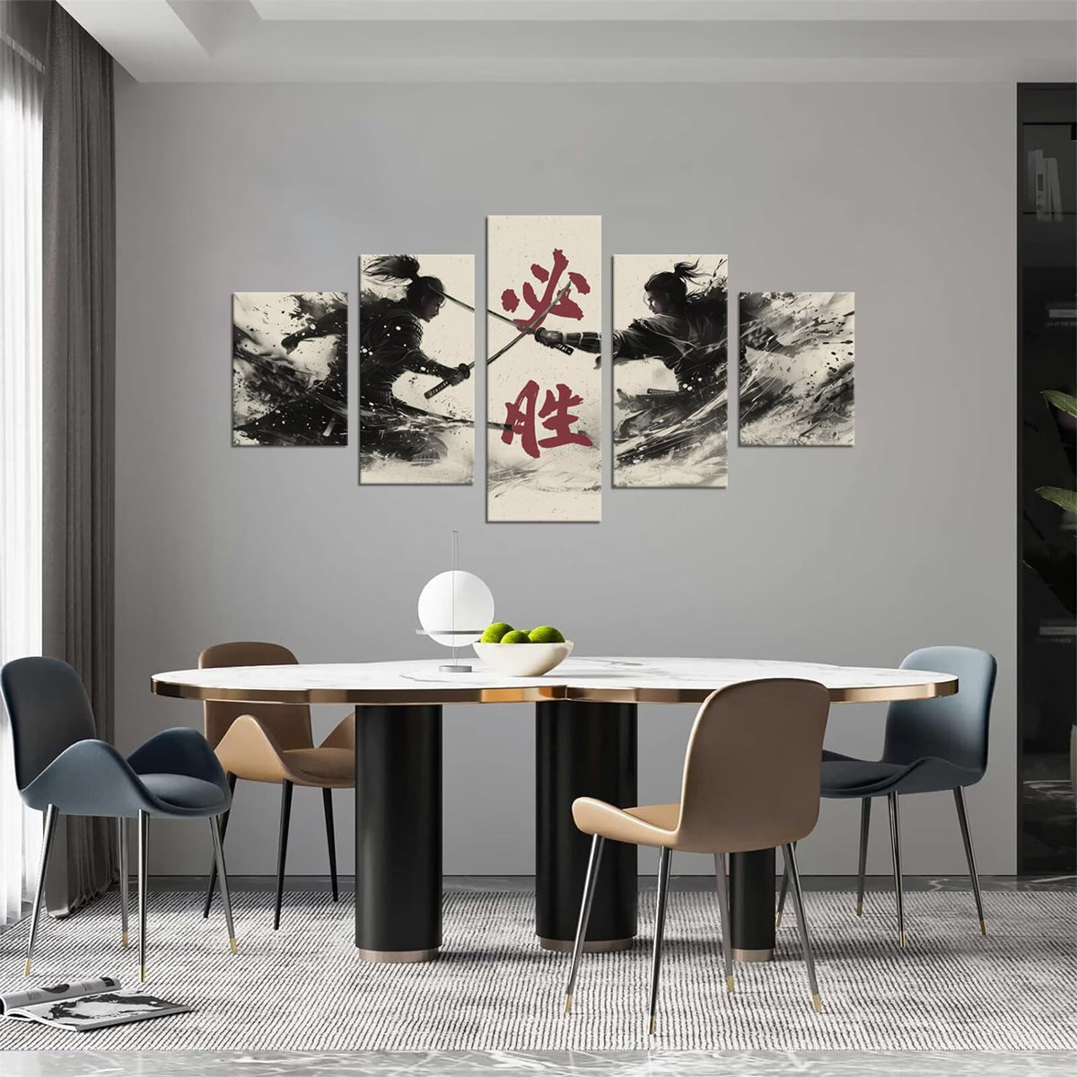 Samurai Canvas Wall Art 5 Piece Japanese Samurai Poster Prints Black and White Japanese Art Wall Decor Modern Home for Office Living Room Decorations Bushido Artwork Framed (50"Wx24"H / White and black red)