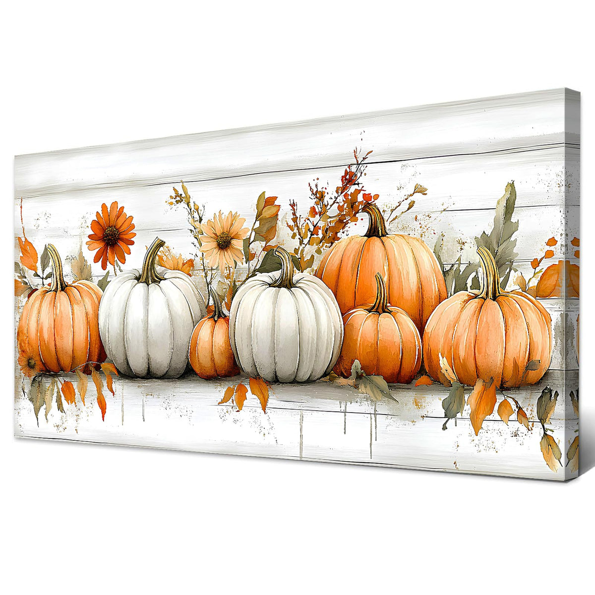 Farmhouse Pumpkin Flowers Canvas Wall Art Living Room Wall Decor (60"x30"x1 / Pumpkin6)