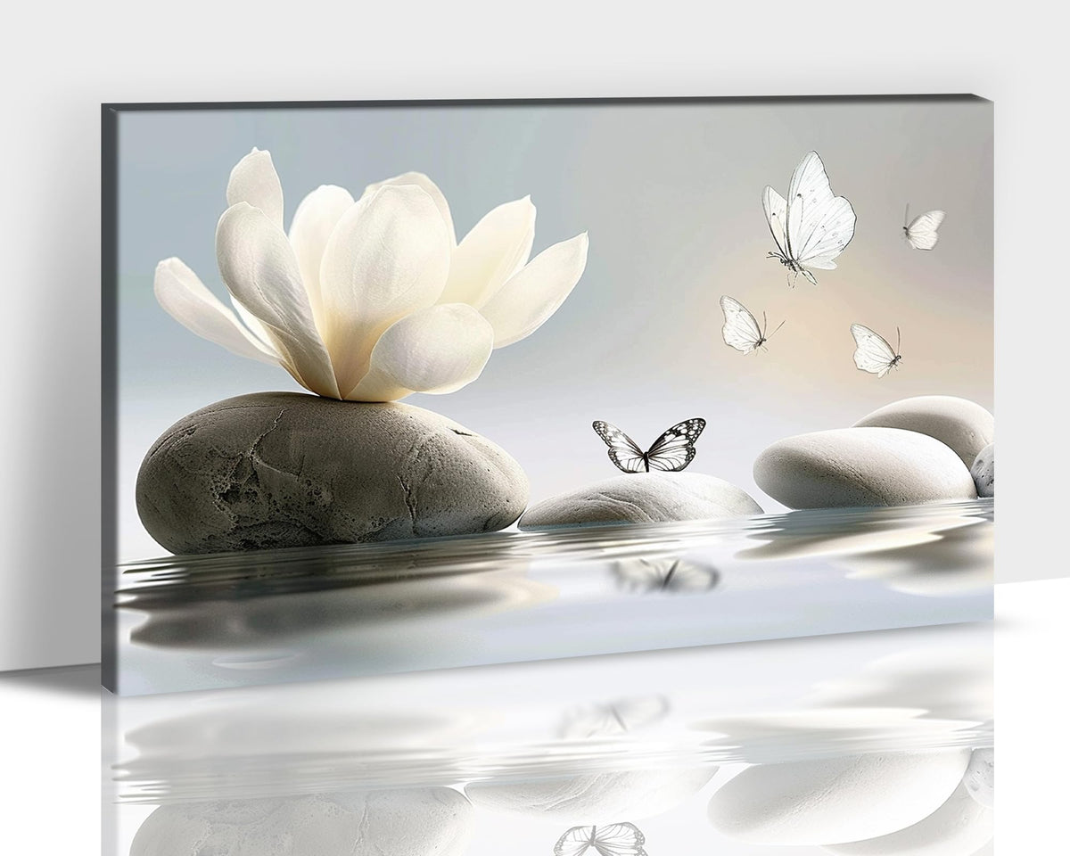 Zen Wall Art White Lotus Flower Canvas Art Prints for Spa Bathroom Decor (Zen Stones Canvas Frame-25 / 18"L x 12"W)