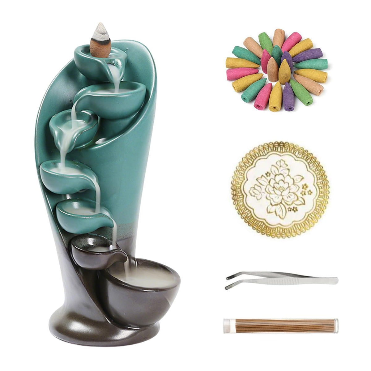 Backflow Incense Burner Holder Handmade Decor Fountain Waterfall Holder (Green)