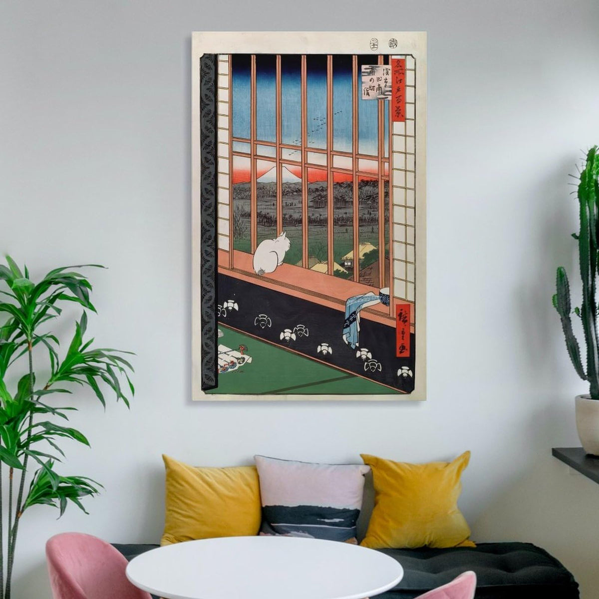 Hiroshige Asakusa Ricefields White Cat Japanese Ukiyoe Landscape Canvas Printing Wall Art Prints Wall Decor Posters Zen Vintage Style for Living Room Bedroom Home Office Gallery 24x36inch (style-4 / 24x36inch(60x90cm) Frame)