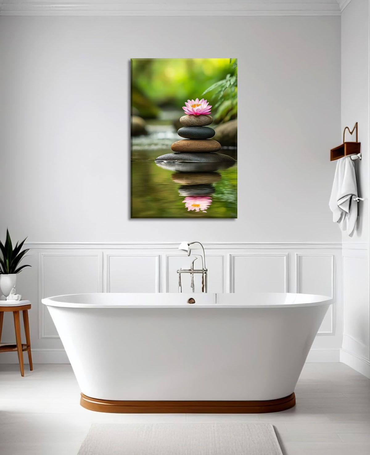 Zen Wall Art Pink Lotus and Spa Stones Picture Meditation Nature Canvas Prints Spiritual Artwork for Bathroom Living Room Office Decor Framed (18"L x 12"W / B - Zen)