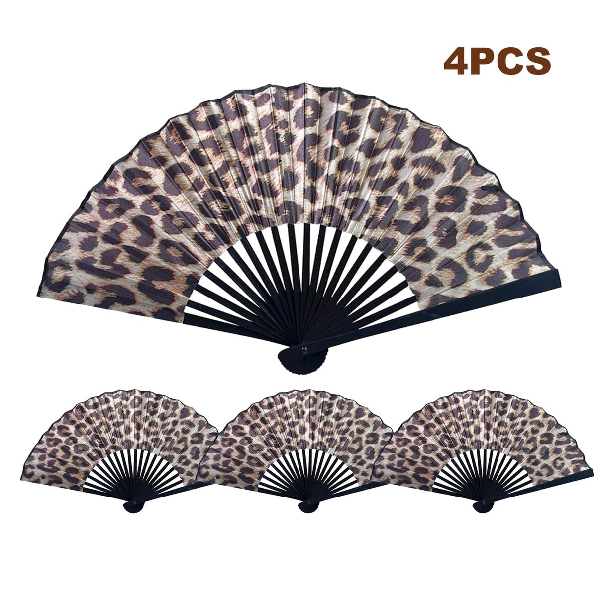 4 pcs Leopard Print Hand Portable Fan Handheld Bamboo Fans Elegant Retro Fan Home Dancing Party Wedding Silk Bamboo (Multicoloured-9)