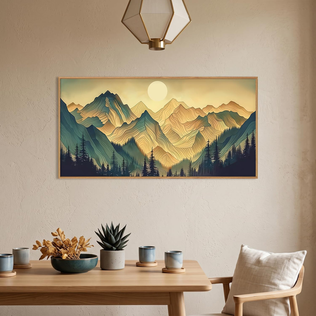 Boho Green Mountain Landscape Framed Canvas Wall Art Set (Boho Scenery Wall Art / 40"L x 20"W)
