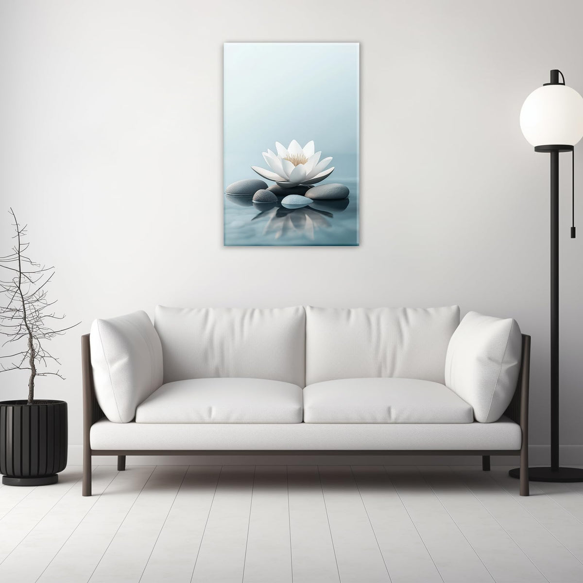 White Lotus Canvas Wall Art Spa Stone Picture Print Lotus In Water Poster Blue Zen Tranquility And Relaxation Painting Framed Artwork Ready To Hang (Artwork-3 / 42"L x 28"W)