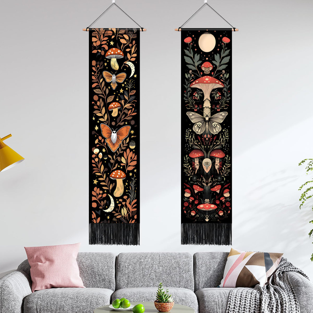 Pack of 2 Long Vertical Tapestry (Mushroom Butterfly / 13"Wx51"H)