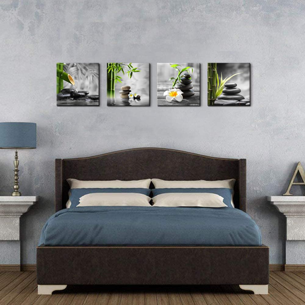 Zen Bathroom Decor Black and White Wall Art Grey Green Room Decor Stone Bamboo Pictures Canvas Meditation Posters Prints Artwork Bedroom Wall Decor Living Room Kitchen Decorations (AzenHB / 12"L x 12"W)