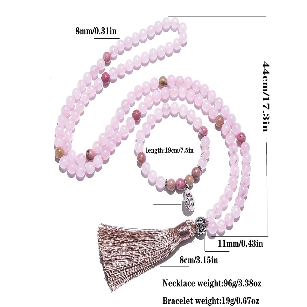 108 Mala Prayer Beads Necklace 8mm Natural Stones Meditation Yoga Jewelry Sets 108 Hand Made Japa Mala Beaded Long Tassel Necklace with Tassel Pendant for Men and Women (Rose quartz)