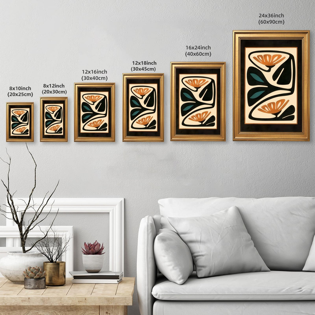 Framed Mid Century Modern Floral Wall Art Canvas Print Abstract Retro Flower Pictures Wall Decor Burnt Orange Teal Botanical Poster Contemporary Artwork for Living Room Bedroom Office 12x16inch Gold (12"L x 16"W / Style-4 Retro Gold Frame)