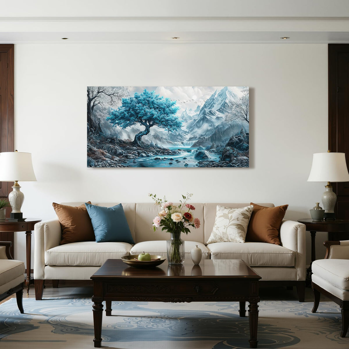 Tree of Life Large Wall Art Mountain Landscape Office Decor Blue (Teal Mountain Tree / 40"L x 20"W)