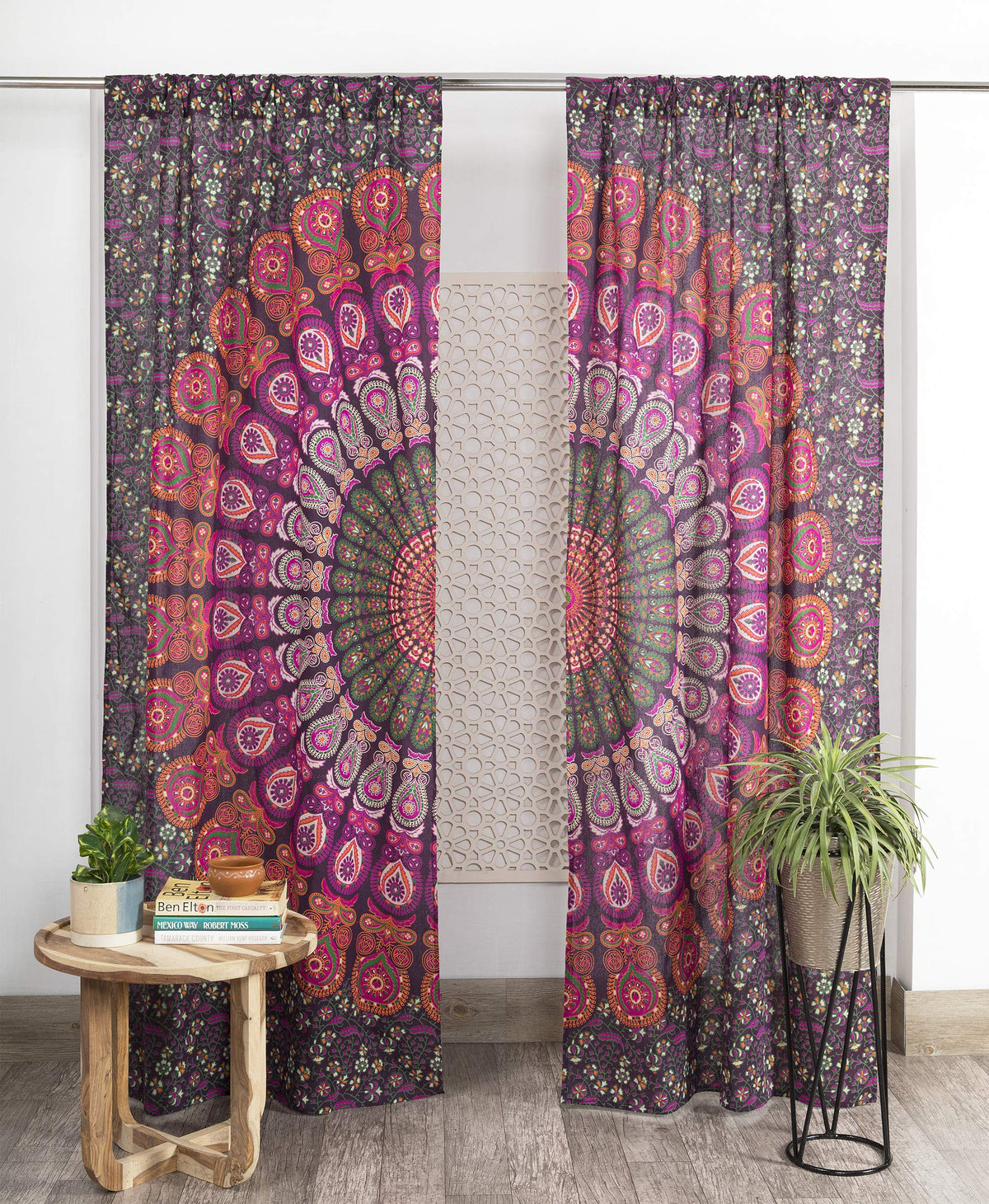 Indian Hippie Bohemian Beautiful Peacock Mandala Curtain Panels Orange Purple (Orange Purple / 38"W x 83"L (Pack of 2))