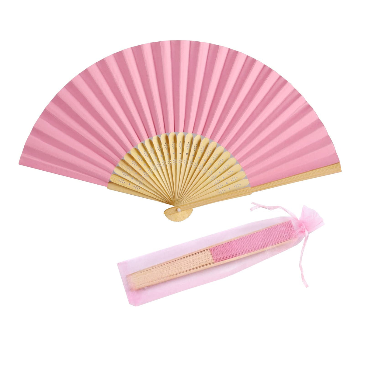 50pcs Paper Hand Fan with Organza Bags Bamboo Handheld Folding Fan DIY Decorative Wedding Party Favors (Pink)