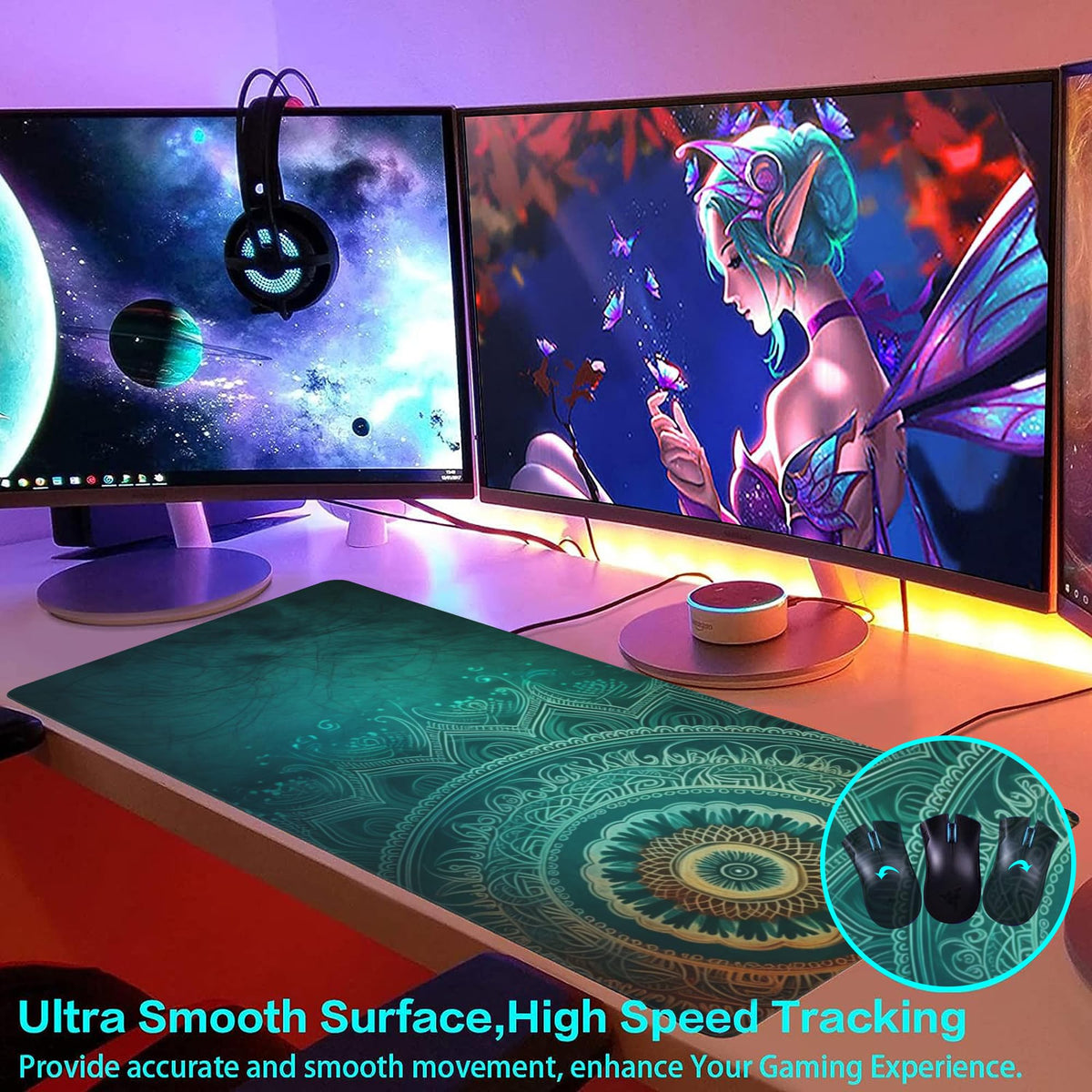 Large Gaming Mouse Pad for Desk (15.7" x 35.4" / Retro Mandala Flower)