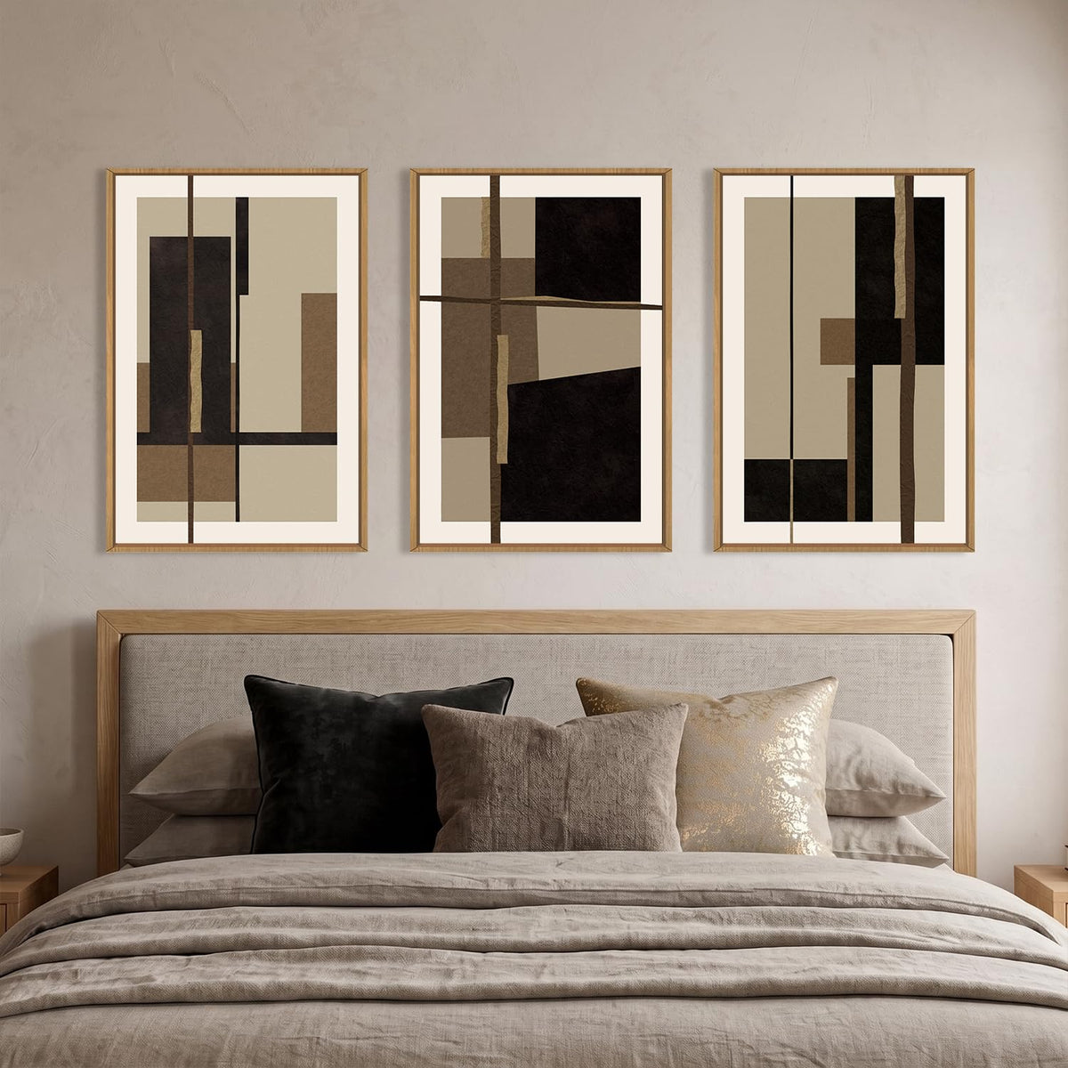 Abstract Black Brown Shapes Framed Canvas Wall Art Set (Black Shapes Wall Art / 16"L x 24"W)