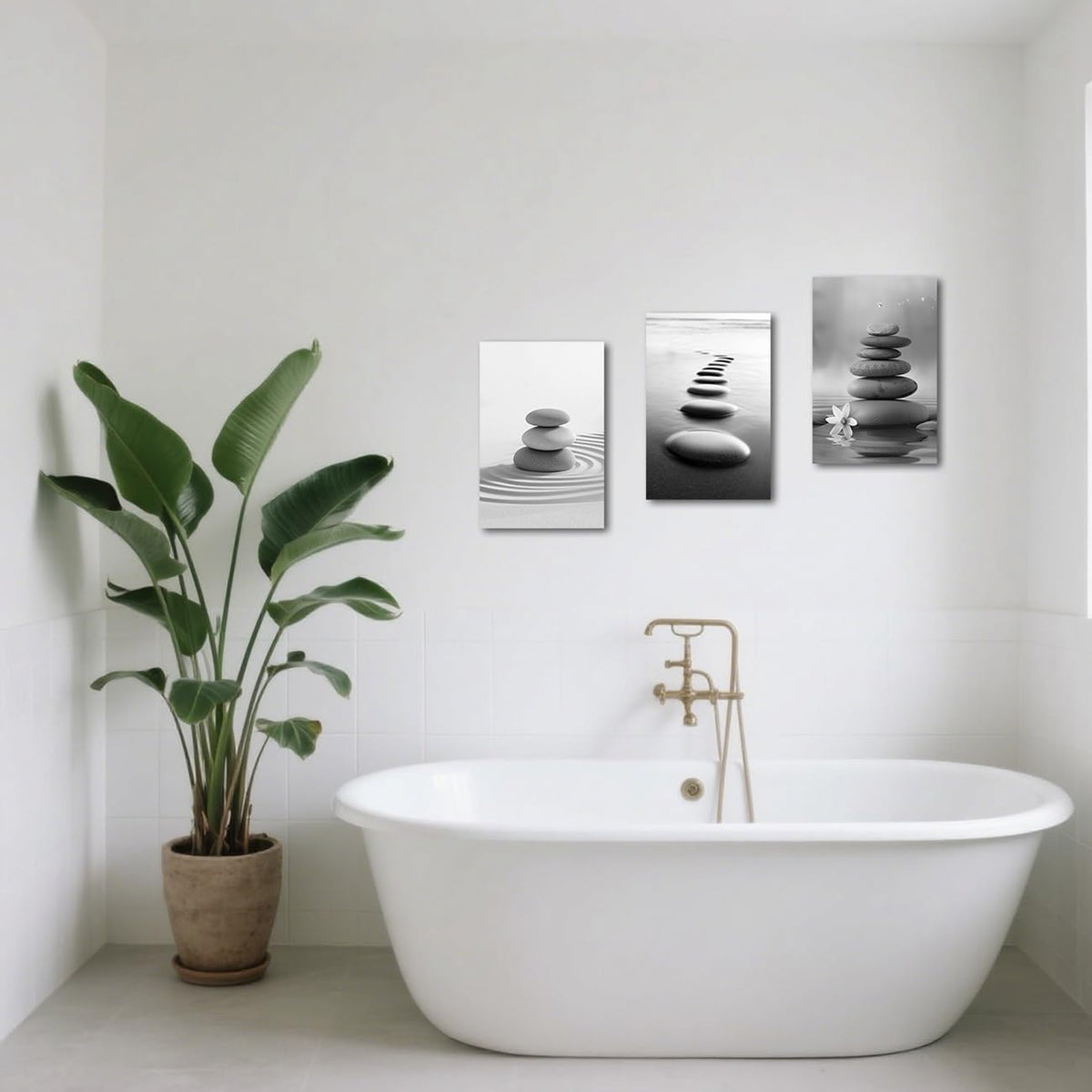 Black and White Zen Wall Art 3 Pieces Stones in Water Picture Canvas Print for Bathroom Spa Stone Painting Yoga Meditation Room Decor Framed (Grey / 24x36inchx3 Pieces)