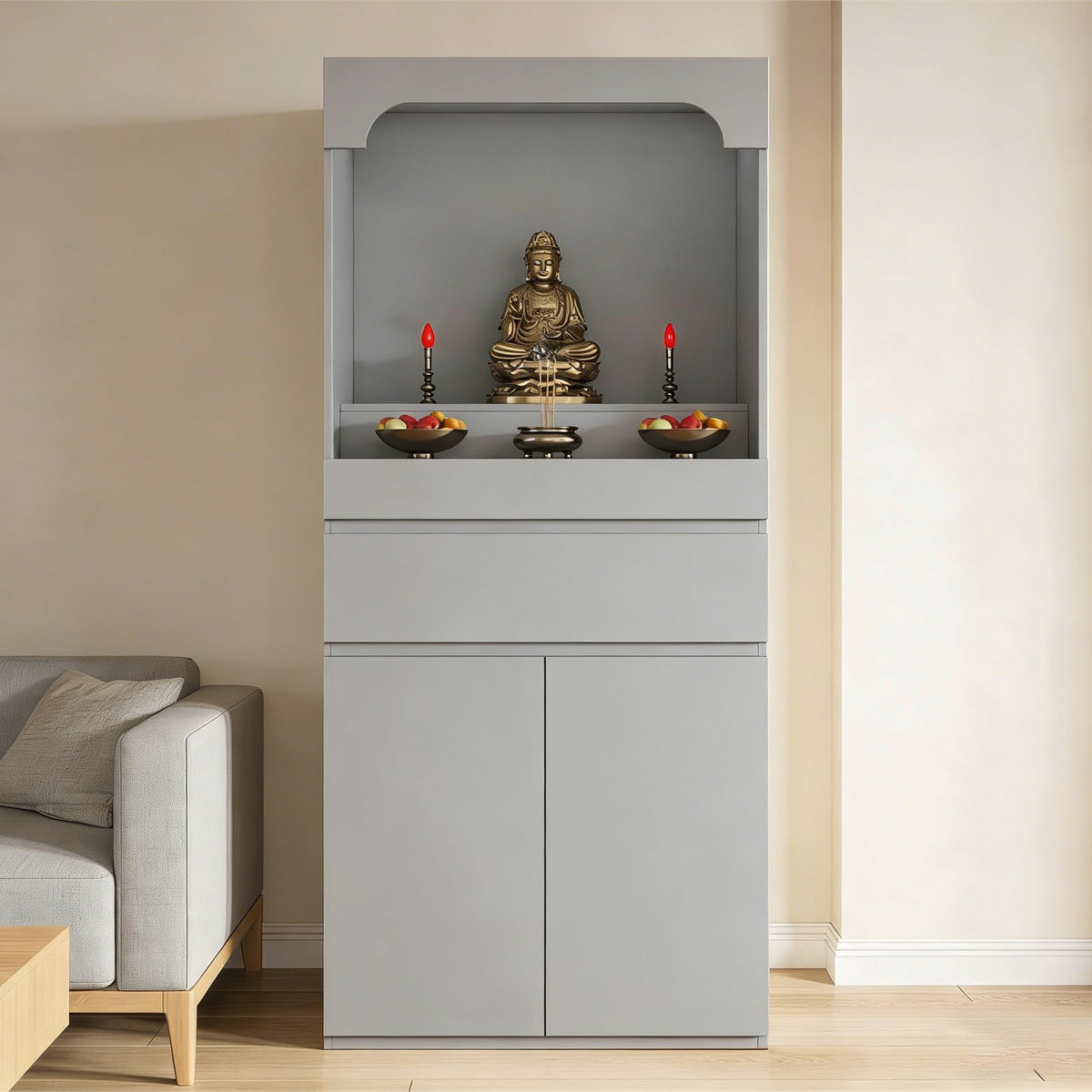 Altar Table Pooja Cabinet with Drawers and Storage Cabinets (19.7×15.7×65.4in / Grey)