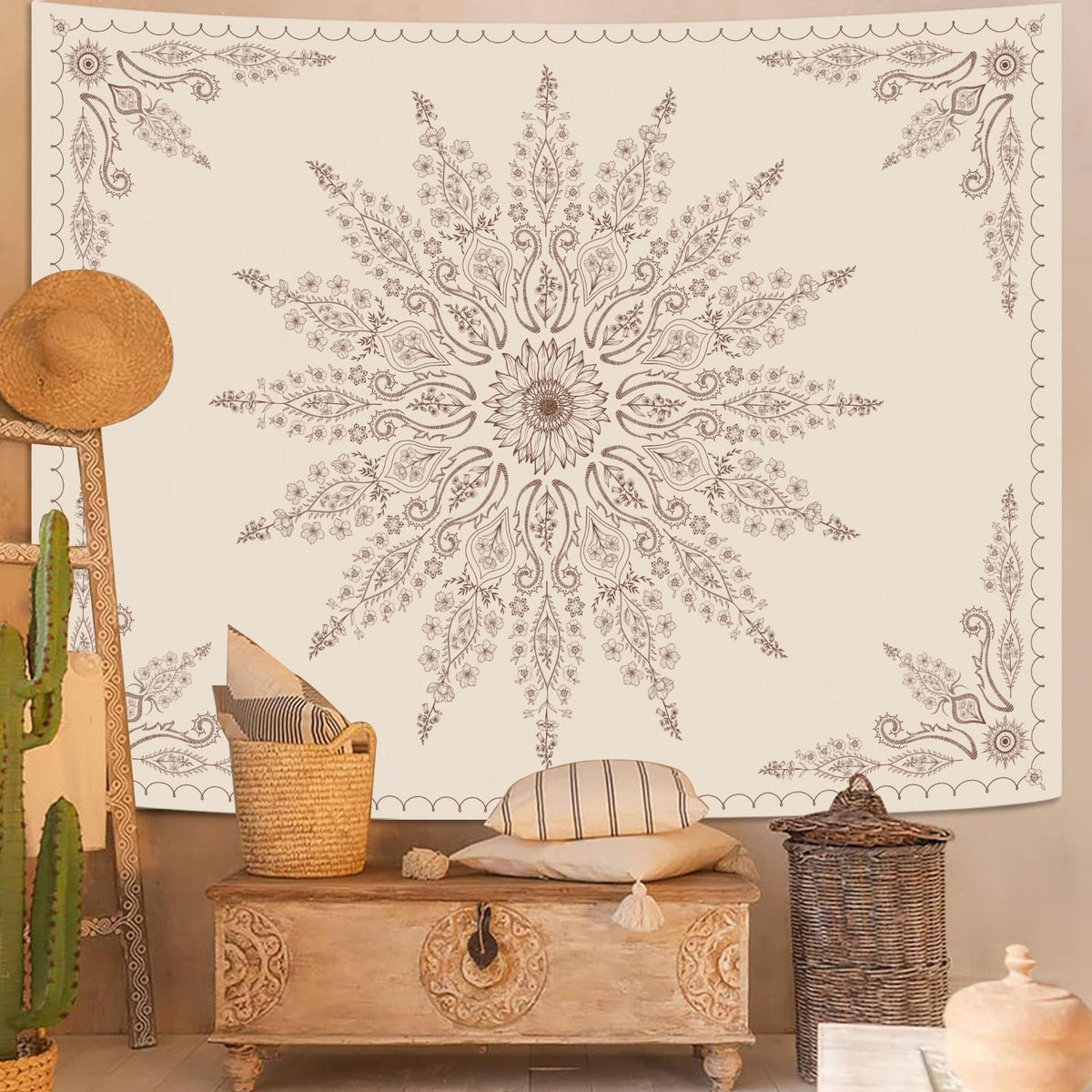 Boho Floral Mandala Tapestry for Bedroom Aesthetic Bohemian Flower Wall Tapestry Beige Hippie Indian Small Tapestries Wall Hanging for Living Room Dorm Decor 48 x 36 Inch (Light Beige / 48"L x 36"W)