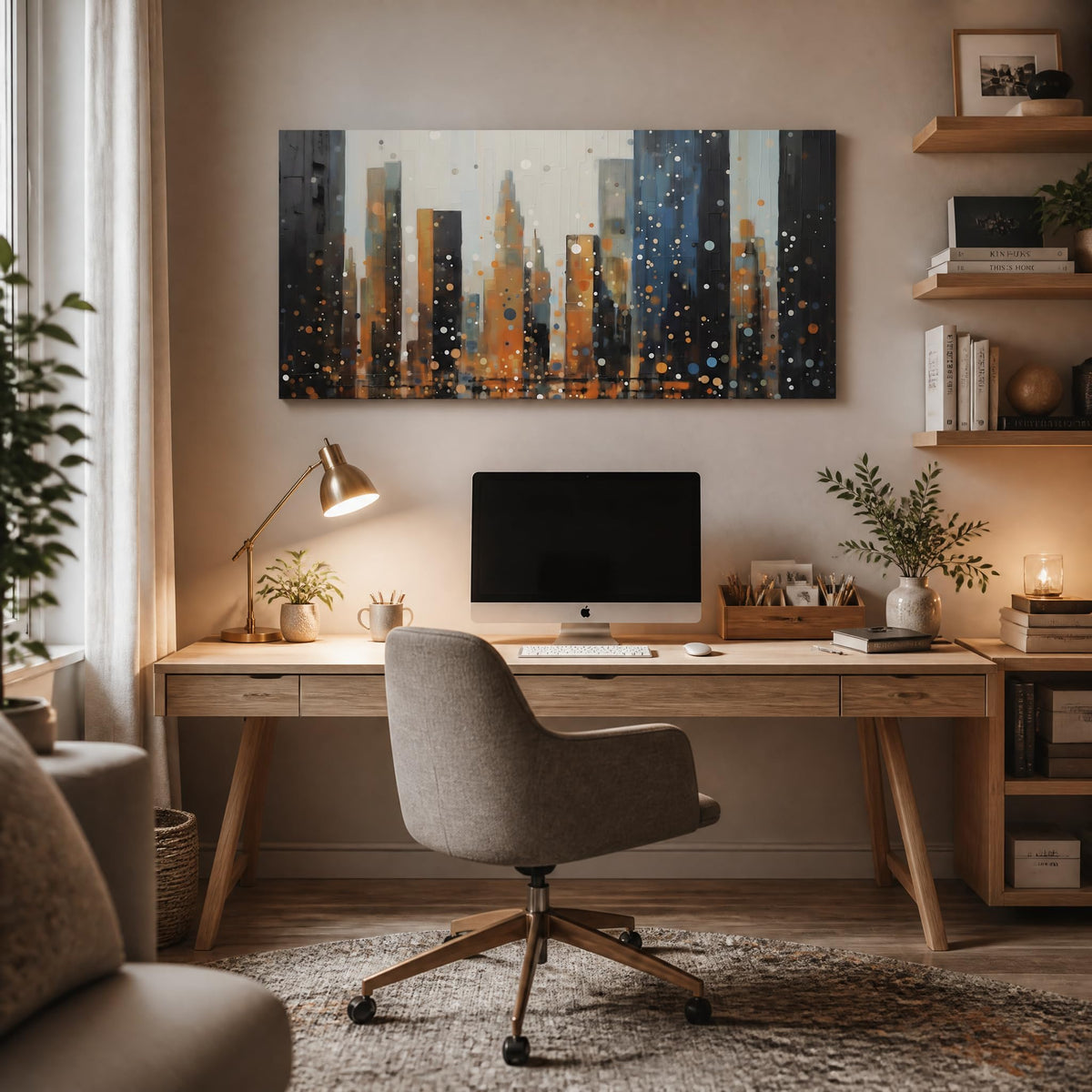 Abstract City Skyline Canvas Wall Art Modern Urban Night Landscape Painting Flat Print Gallery Wrapped Artwork for Living Room Bedroom Bathroom Decor (Abstract / Black Cityscape 34 / 40"L x 20"W)