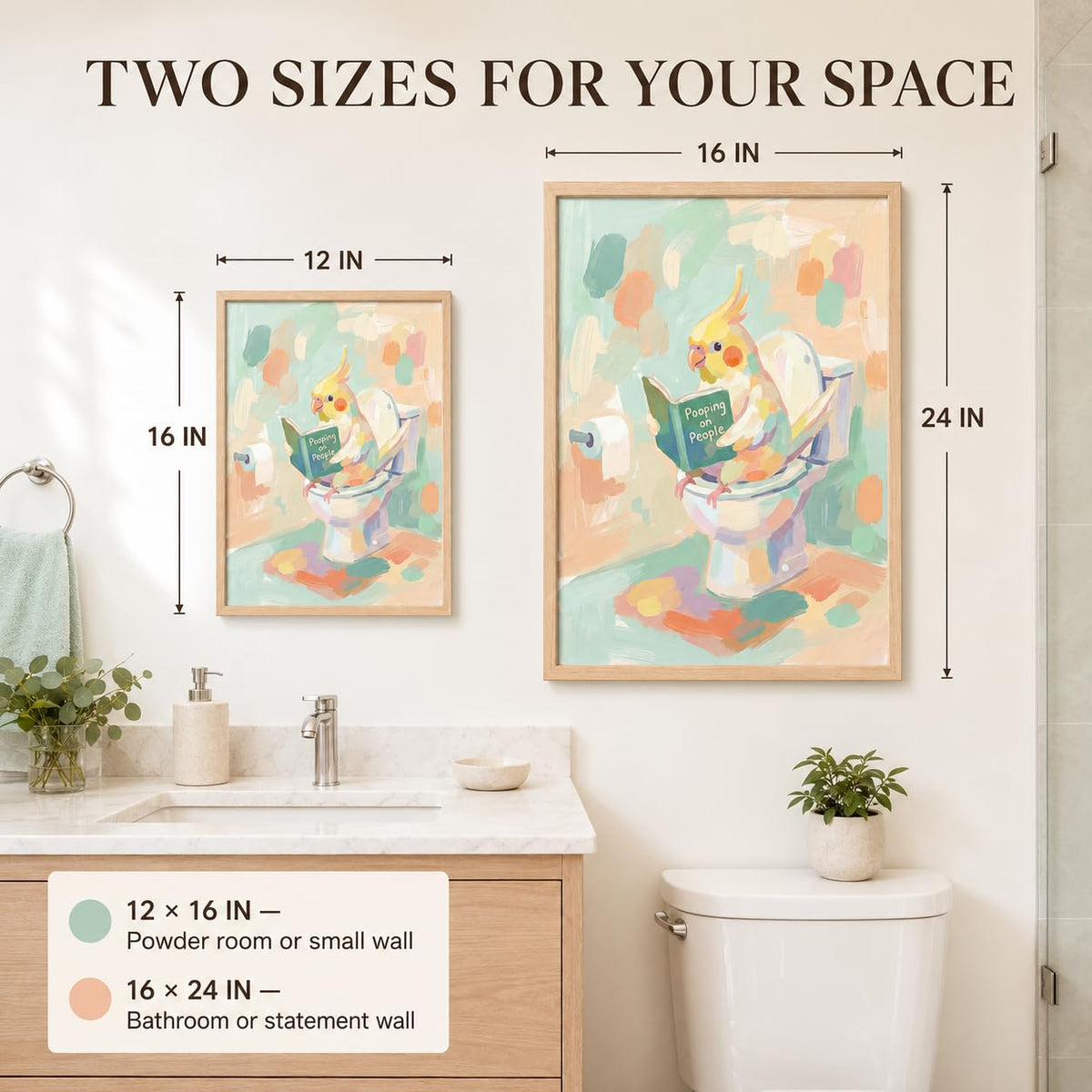 Framed Funny Parrot Bathroom Wall Art Cute Cockatiel Whimsical Canvas Print (Cockatiel / 24"L x 16"W)