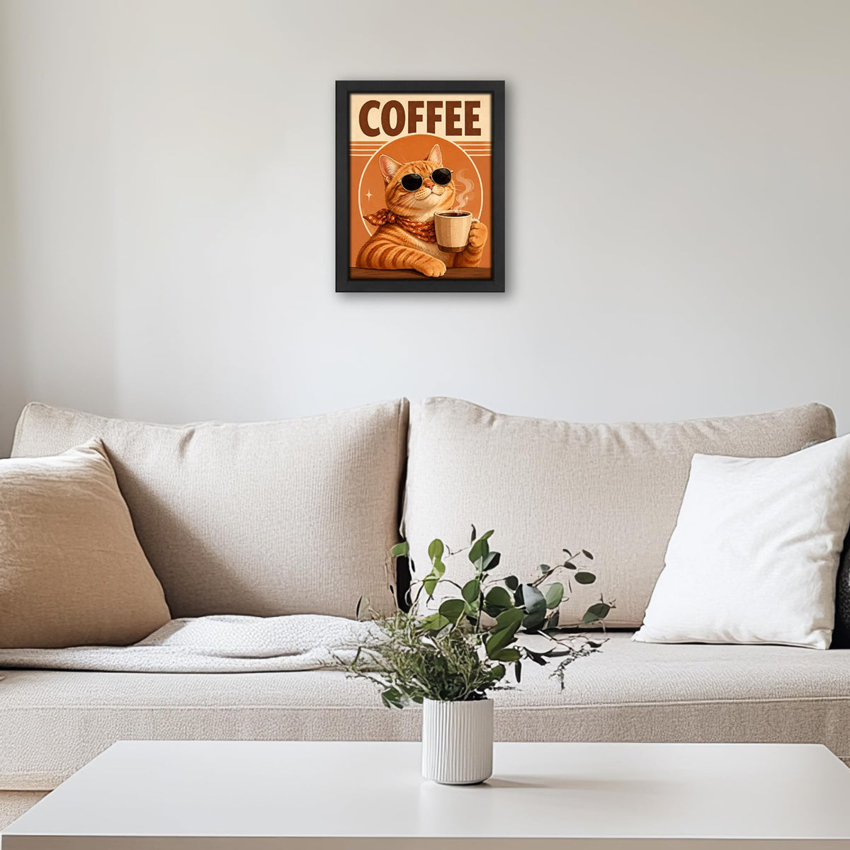 Funny Coffee Cat Decor Wall Art (Wall Art Framed 51 / 16"L x 12"W)