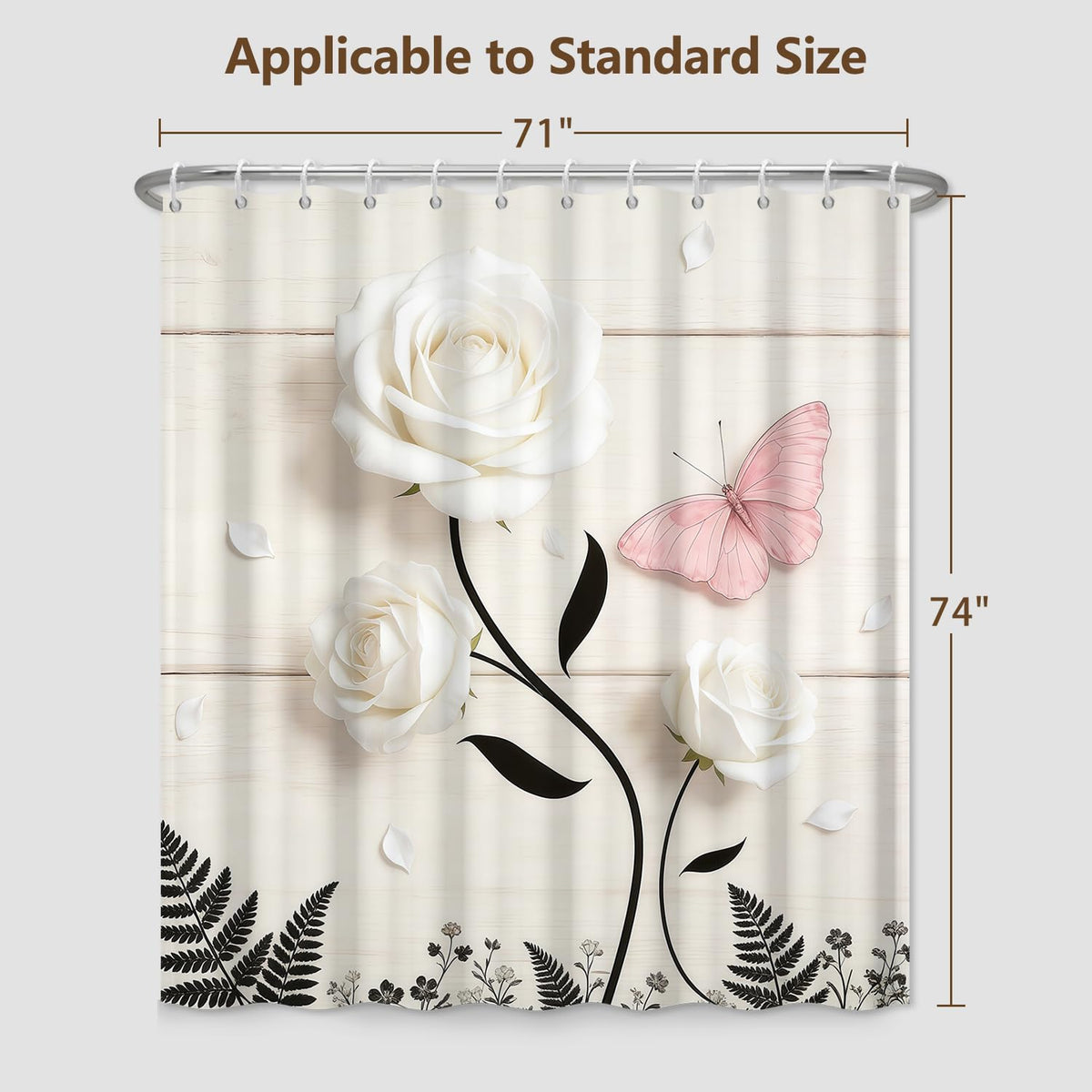 Floral Botanical Shower Curtain with Hooks (White Rose)