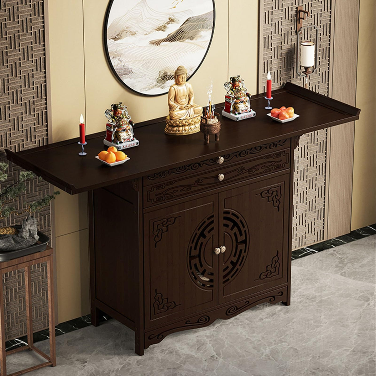 Altar Table Meditation Table with Cabinet Door (Brown / 80*40cm/31.5*15.7in)