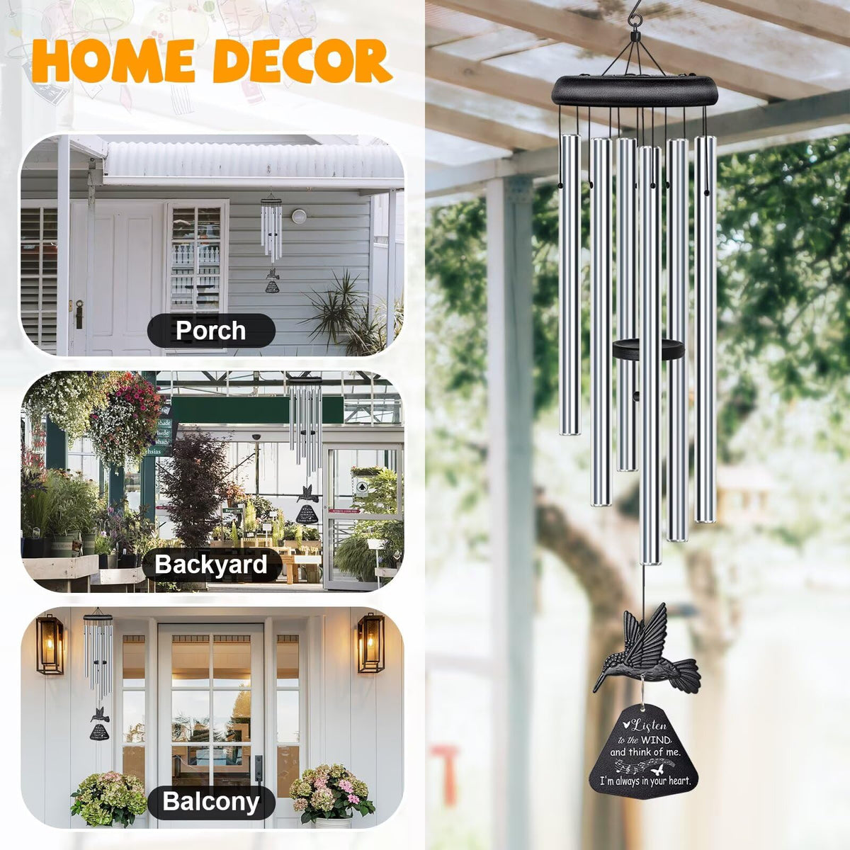 Sympathy Wind Chimes for Outside Deep Tone (Silver Hummingbird)