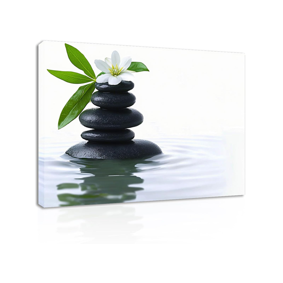 Zen Canvas Painting Wall Art Black Stone White Flower in Water Spiritual Framed Artwork Poster for Yoga Meditation Room Spa Bathroom Decor (WE000050-5 / 18"L x 12"W)