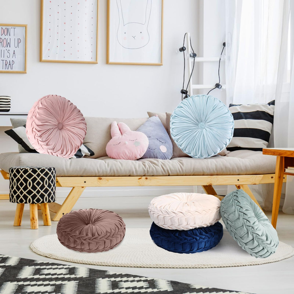 6 Pcs 15" Round Velvet Floor Cushions for Kids (Boho Color)
