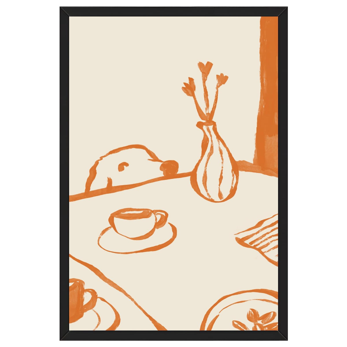 Black Framed Sneaky Dog Breakfast Wall Art Abstract Funny Scandi Diner Canvas Posters Minimalist Orange Painting Prints Animal Sketch Pictures Artwork for Kitchen Nursery Coffee Bar Decor 8x12inch (8"L x 12"W / Dog - Black Frame)