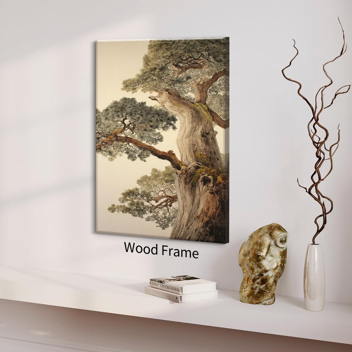 Vintage Japanese Pine Tree Framed Wall Art Oriental Asian Tree Canvas Posters 11x14 inch Japan Scenery Room Aesthetic Prints Calm Earthy Forest Botanical Painting for Home Bedroom Living Room Office (Wrapped Canvas / Japanese Poster / 14"L x 11"W)