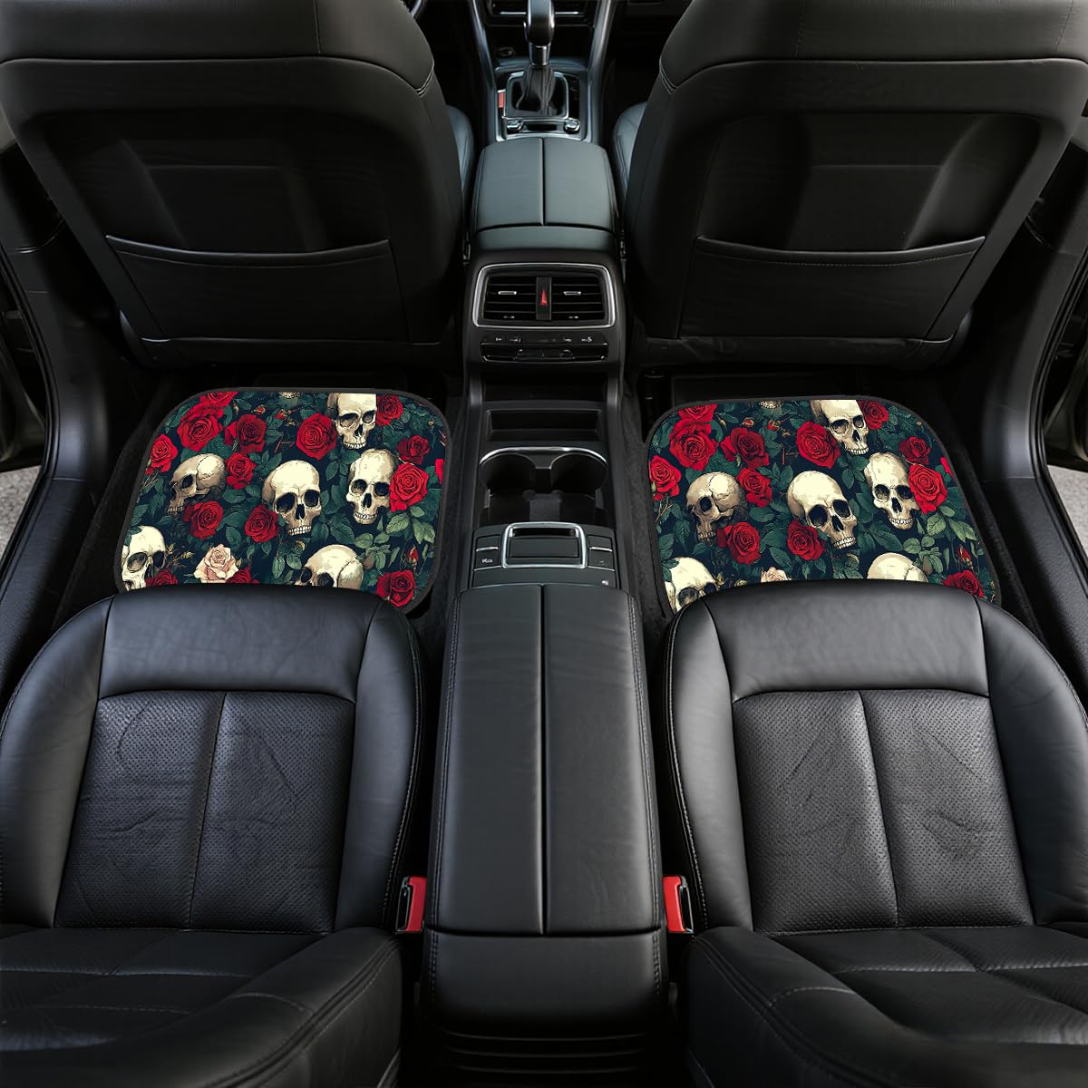 Skull Car Floor Mats Set of 4 Rose Vintage Gothic Art Red Black Green Automotive Car Floor Carpets Non (26.8"L x 17.3"W x 0.4"Th / Skull)