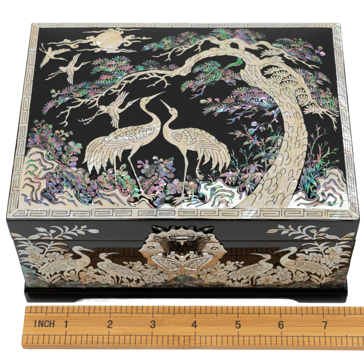 Mother-of-Pearl Crane Jewelry Box | Wooden Make | Two-Layer Velvet Interior | Mirror Lid | Lacquer Finish | Handmade Korean Art | Valentine’s & Mother’s Day Gift (Crane)